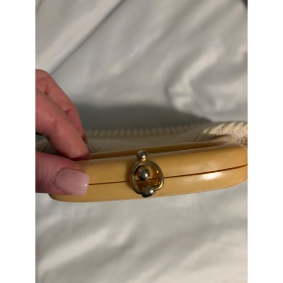 Vintage Hand Made in Hong Kong Beaded Handbag Lucite Handle Cream Butterscotch - Picture 4 of 7